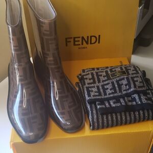 FENDI FF Zucca Rain Boots and Scarf Bundle